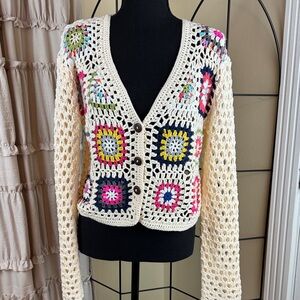 Debut Granny Square Crochet Button Front Cardigan Sweater Size M